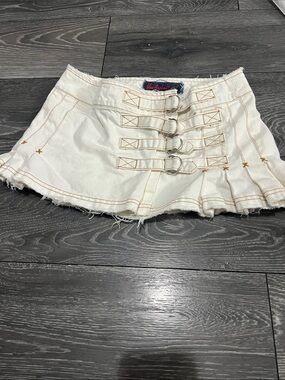 Blue Asphalt White Mini Skirt with Buckle Strap Accents